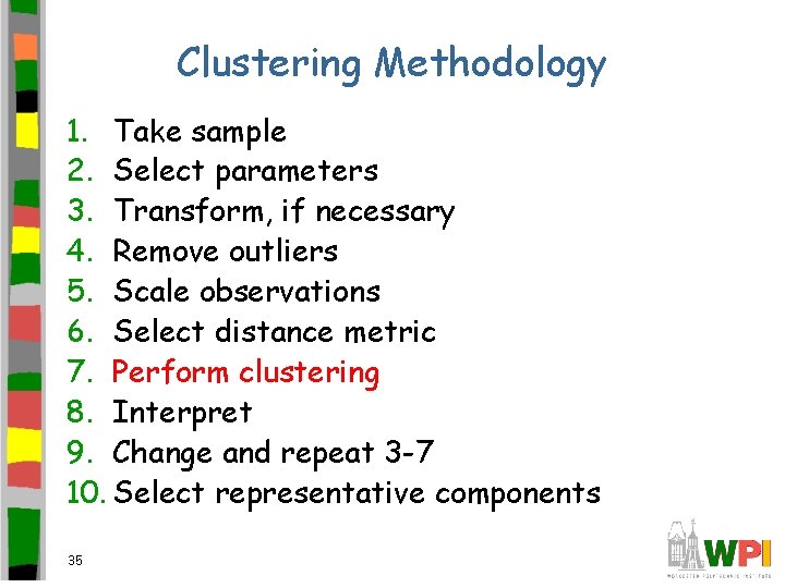 Clustering Methodology 1. Take sample 2. Select parameters 3. Transform, if necessary 4. Remove