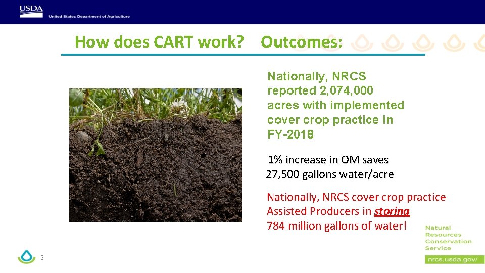 How does CART work? Outcomes: Nationally, NRCS reported 2, 074, 000 acres with implemented