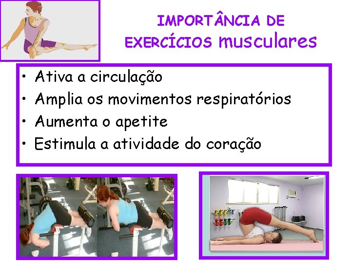 IMPORT NCIA DE EXERCÍCIOS • • musculares Ativa a circulação Amplia os movimentos respiratórios