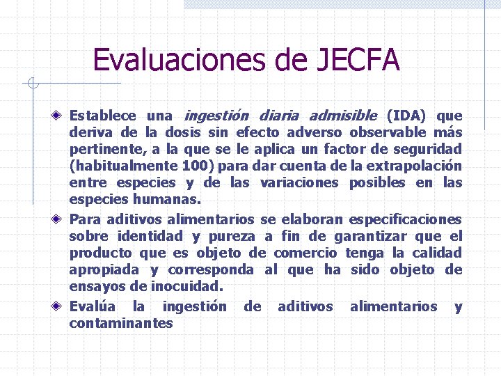 Evaluaciones de JECFA Establece una ingestión diaria admisible (IDA) que deriva de la dosis