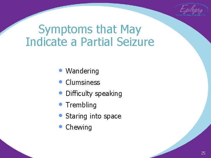 Symptoms that May Indicate a Partial Seizure • • • Wandering Clumsiness Difficulty speaking