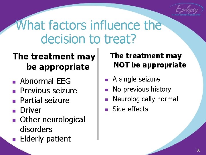 What factors influence the decision to treat? The treatment may be appropriate n n