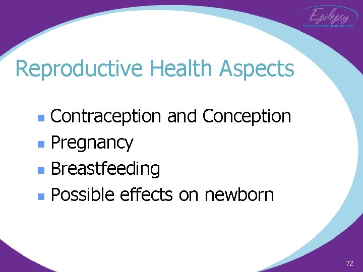 Reproductive Health Aspects Contraception and Conception n Pregnancy n Breastfeeding n Possible effects on