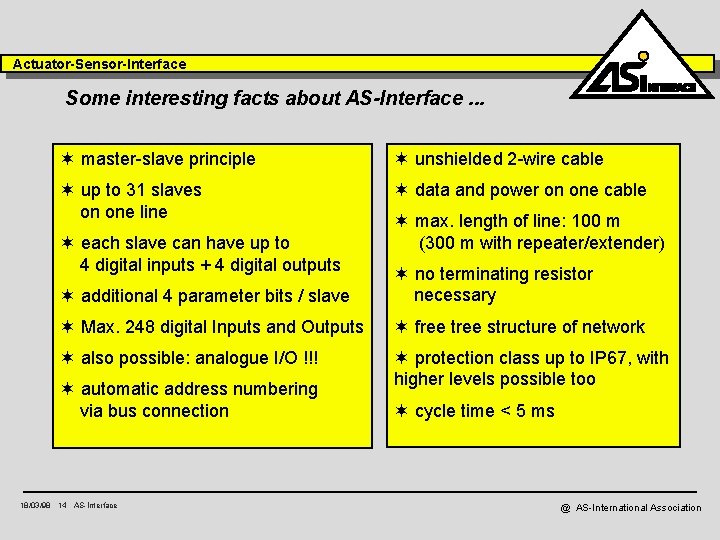 Actuator-Sensor-Interface Some interesting facts about AS-Interface. . . ¬ master-slave principle ¬ unshielded 2