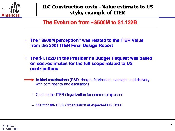 Americas P 5 Review Fermilab Feb 1 ILC Construction costs - Value estimate to