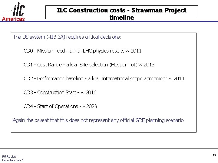 Americas ILC Construction costs - Strawman Project timeline The US system (413. 3 A)