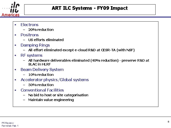 ART ILC Systems - FY 09 Impact Americas • Electrons – 20% reduction •