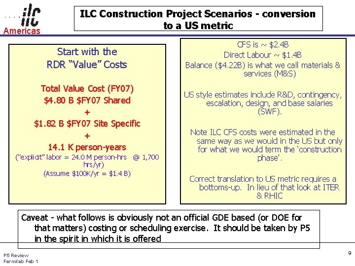 Americas ILC Construction Project Scenarios - conversion to a US metric Start with the