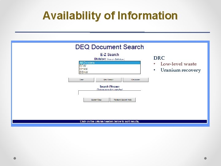 Availability of Information DRC • Low-level waste • Uranium recovery 