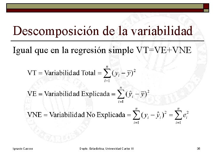 Descomposición de la variabilidad Igual que en la regresión simple VT=VE+VNE Ignacio Cascos Depto. Descomposición de la variabilidad Igual que en la regresión simple VT=VE+VNE Ignacio Cascos Depto.