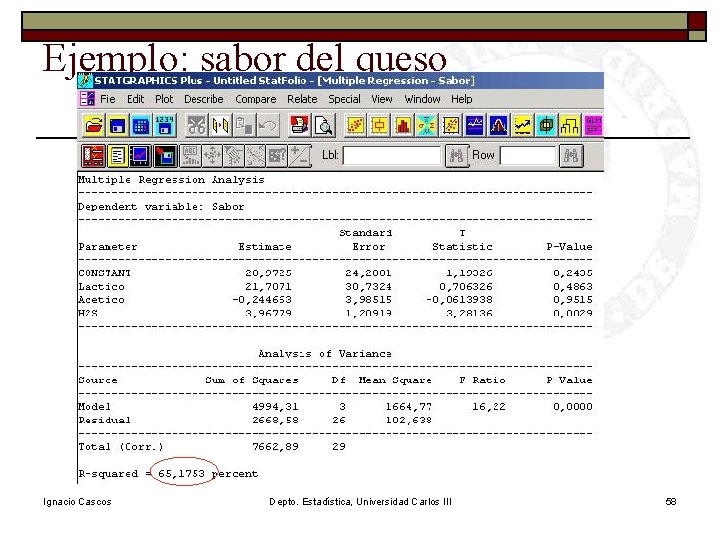 Ejemplo: sabor del queso Ignacio Cascos Depto. Estadística, Universidad Carlos III 58 Ejemplo: sabor del queso Ignacio Cascos Depto. Estadística, Universidad Carlos III 58