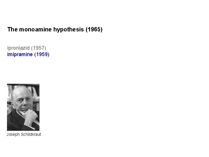 The monoamine hypothesis (1965) iproniazid (1957) imipramine (1959) Joseph Schildkraut Belmaker RH and Agam The monoamine hypothesis (1965) iproniazid (1957) imipramine (1959) Joseph Schildkraut Belmaker RH and Agam
