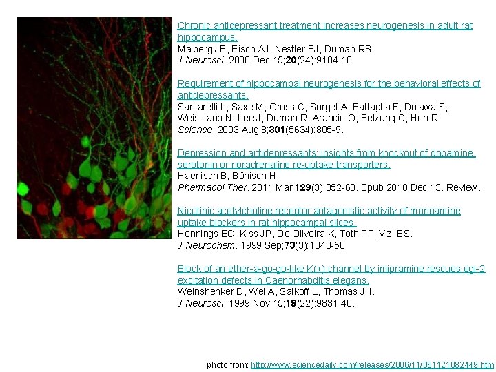 Chronic antidepressant treatment increases neurogenesis in adult rat hippocampus. Malberg JE, Eisch AJ, Nestler Chronic antidepressant treatment increases neurogenesis in adult rat hippocampus. Malberg JE, Eisch AJ, Nestler