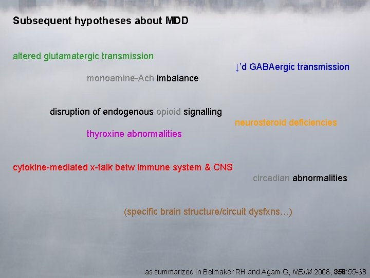 Subsequent hypotheses about MDD altered glutamatergic transmission ↓’d GABAergic transmission monoamine-Ach imbalance disruption of Subsequent hypotheses about MDD altered glutamatergic transmission ↓’d GABAergic transmission monoamine-Ach imbalance disruption of