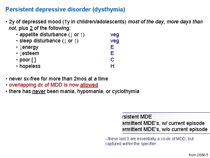 Persistent depressive disorder (dysthymia) • 2 y of depressed mood (1 y in children/adolescents) Persistent depressive disorder (dysthymia) • 2 y of depressed mood (1 y in children/adolescents)