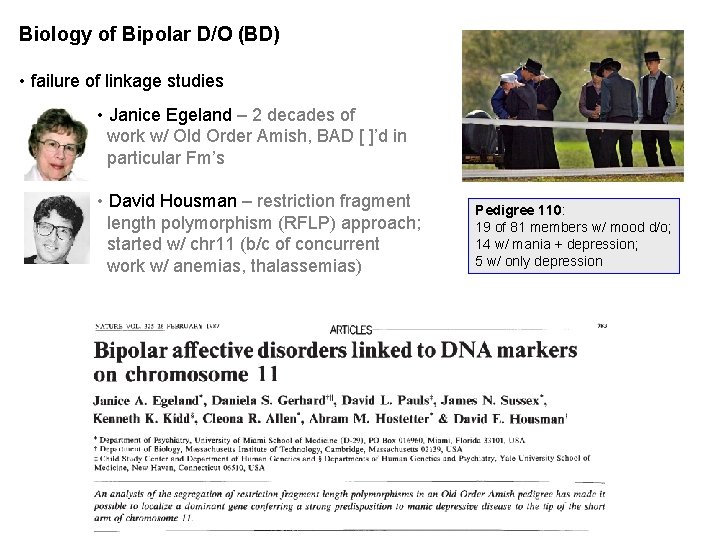 Biology of Bipolar D/O (BD) • failure of linkage studies • Janice Egeland – Biology of Bipolar D/O (BD) • failure of linkage studies • Janice Egeland –