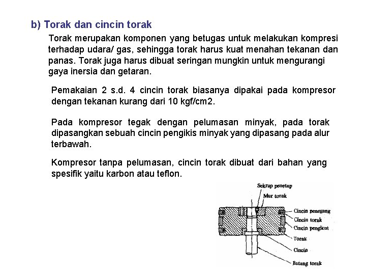b) Torak dan cincin torak Torak merupakan komponen yang betugas untuk melakukan kompresi terhadap