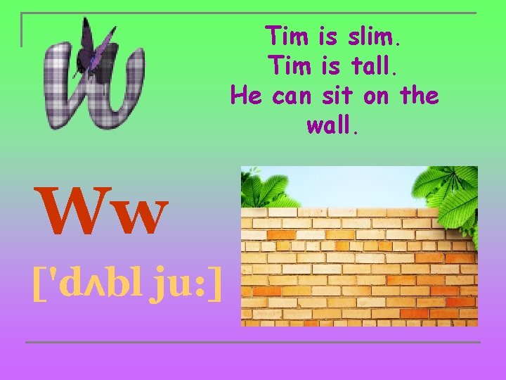 Tim is slim. Tim is tall. He can sit on the wall. Ww ['dʌbl