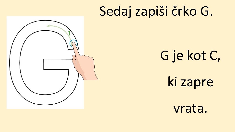 Sedaj zapiši črko G. G je kot C, ki zapre vrata. 