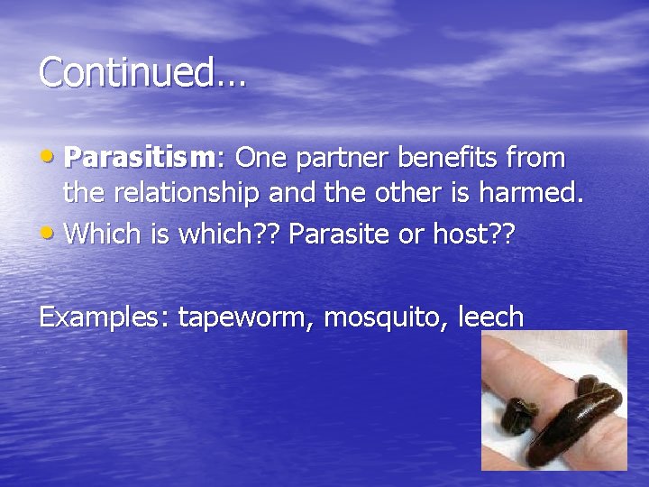Continued… • Parasitism: One partner benefits from the relationship and the other is harmed.