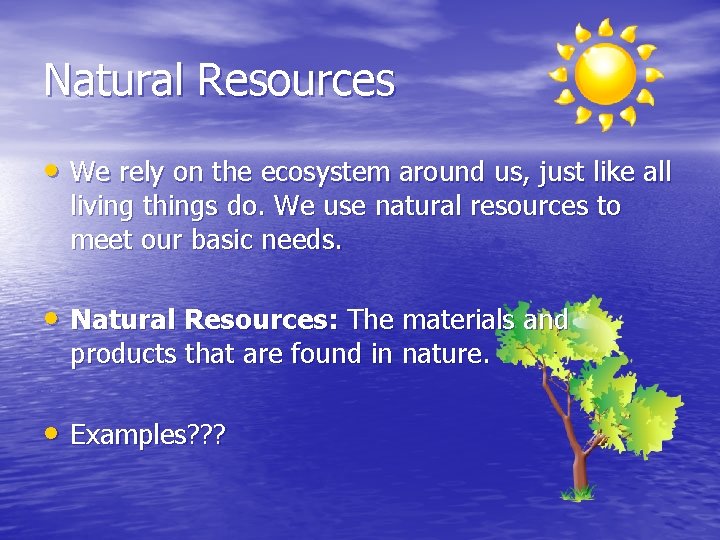 Natural Resources • We rely on the ecosystem around us, just like all living