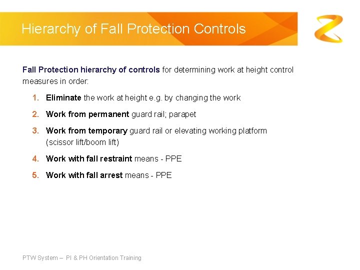 Hierarchy of Fall Protection Controls Fall Protection hierarchy of controls for determining work at