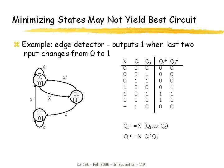Minimizing States May Not Yield Best Circuit z Example: edge detector - outputs 1