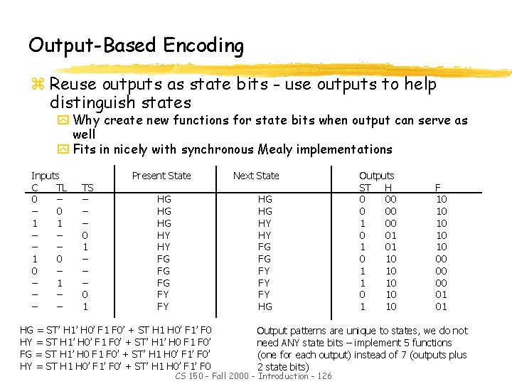 Output-Based Encoding z Reuse outputs as state bits - use outputs to help distinguish