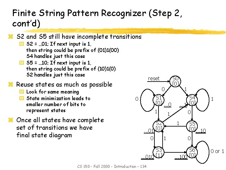 Finite String Pattern Recognizer (Step 2, cont’d) z S 2 and S 5 still