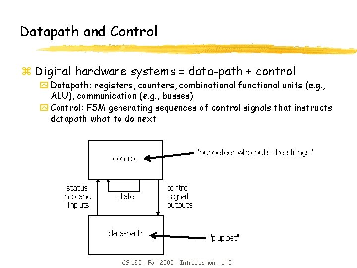 Datapath and Control z Digital hardware systems = data-path + control y Datapath: registers,