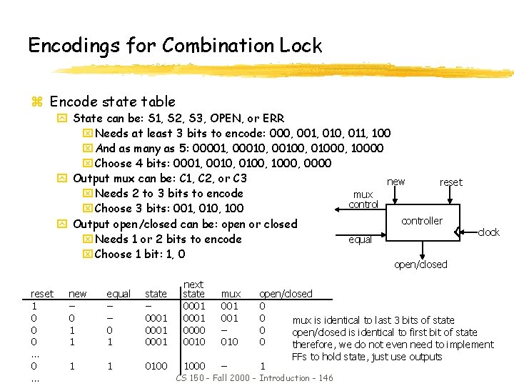 Encodings for Combination Lock z Encode state table y State can be: S 1,