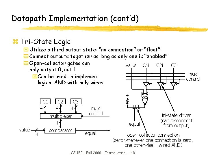 Datapath Implementation (cont’d) z Tri-State Logic y Utilize a third output state: “no connection”