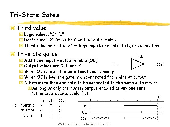 Tri-State Gates z Third value y Logic values: “ 0”, “ 1” y Don't