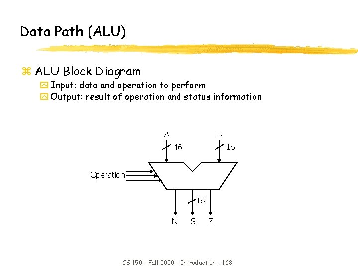Data Path (ALU) z ALU Block Diagram y Input: data and operation to perform