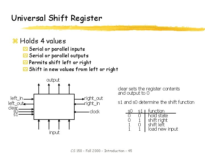 Universal Shift Register z Holds 4 values y Serial or parallel inputs y Serial