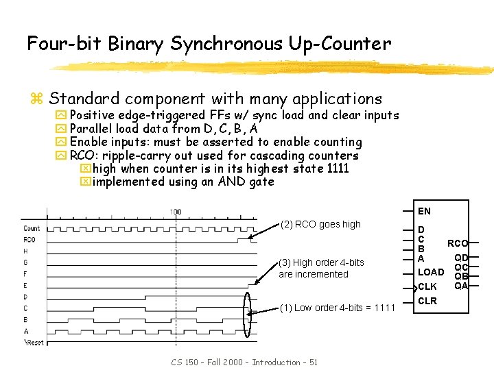 Four-bit Binary Synchronous Up-Counter z Standard component with many applications y Positive edge-triggered FFs