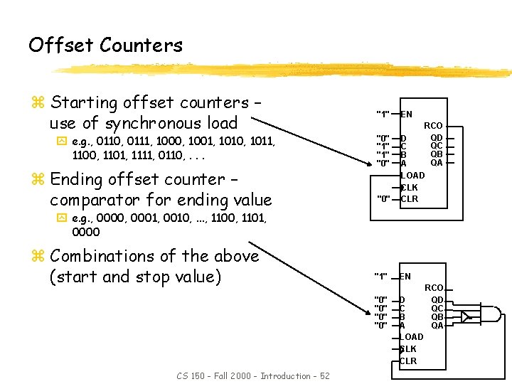 Offset Counters z Starting offset counters – use of synchronous load y e. g.