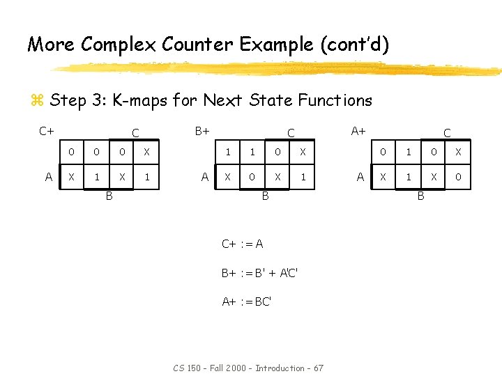 More Complex Counter Example (cont’d) z Step 3: K-maps for Next State Functions C+