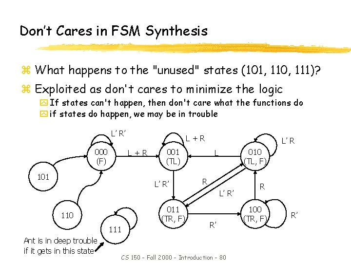 Don’t Cares in FSM Synthesis z What happens to the "unused" states (101, 110,