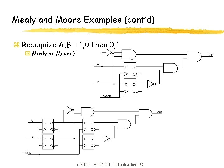 Mealy and Moore Examples (cont’d) z Recognize A, B = 1, 0 then 0,