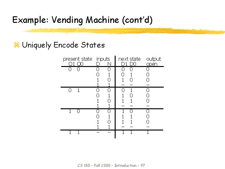 Example: Vending Machine (cont’d) z Uniquely Encode States present state inputs Q 1 Q