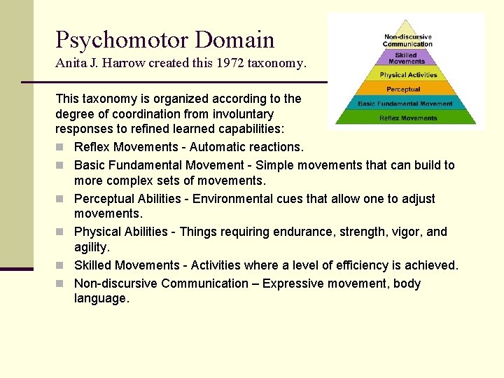 Psychomotor Domain Anita J. Harrow created this 1972 taxonomy. This taxonomy is organized according