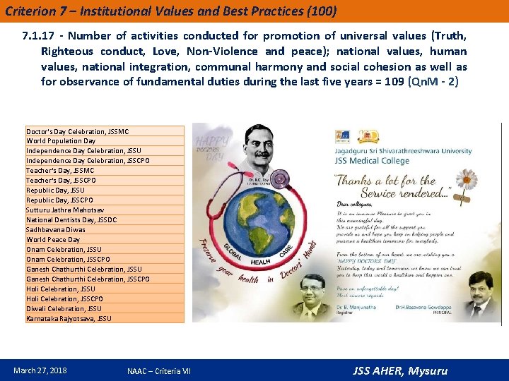 Criterion 7 – Institutional Values and Best Practices (100) 7. 1. 17 - Number