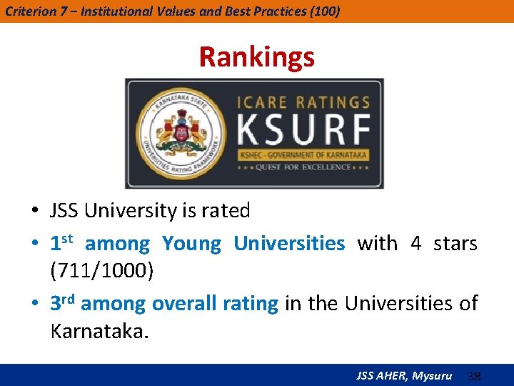 Criterion 7 – Institutional Values and Best Practices (100) Rankings • JSS University is