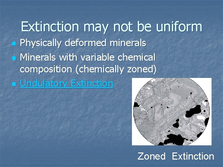 Extinction may not be uniform n n n Physically deformed minerals Minerals with variable