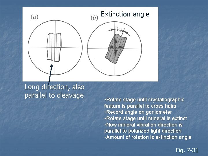 Extinction angle Long direction, also parallel to cleavage • Rotate stage until crystallographic feature