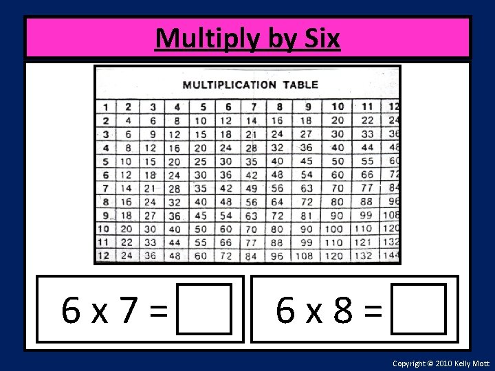 Multiply by Six 6 x 7= 6 x 8= Copyright © 2010 Kelly Mott