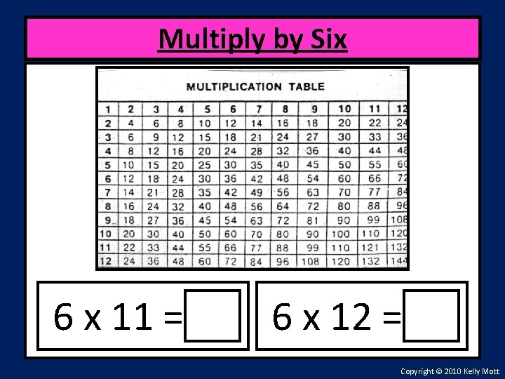 Multiply by Six 6 x 11 = 6 x 12 = Copyright © 2010