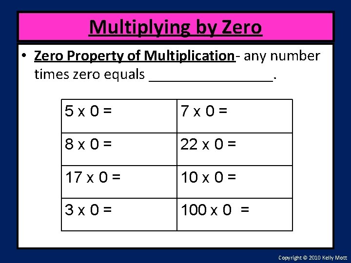 Multiplying by Zero • Zero Property of Multiplication- any number times zero equals ________.