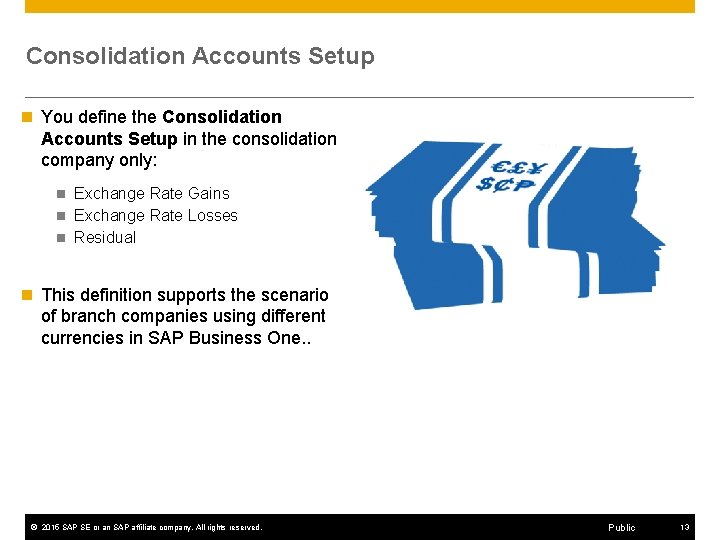 Consolidation Accounts Setup n You define the Consolidation Accounts Setup in the consolidation company Consolidation Accounts Setup n You define the Consolidation Accounts Setup in the consolidation company